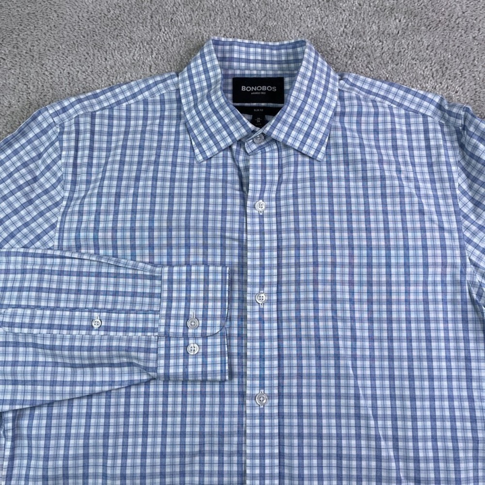Bonobos Shirt Mens 16 34 Blue Checkered‎ Slim Fit Cotton Button Up Wrinkle Free